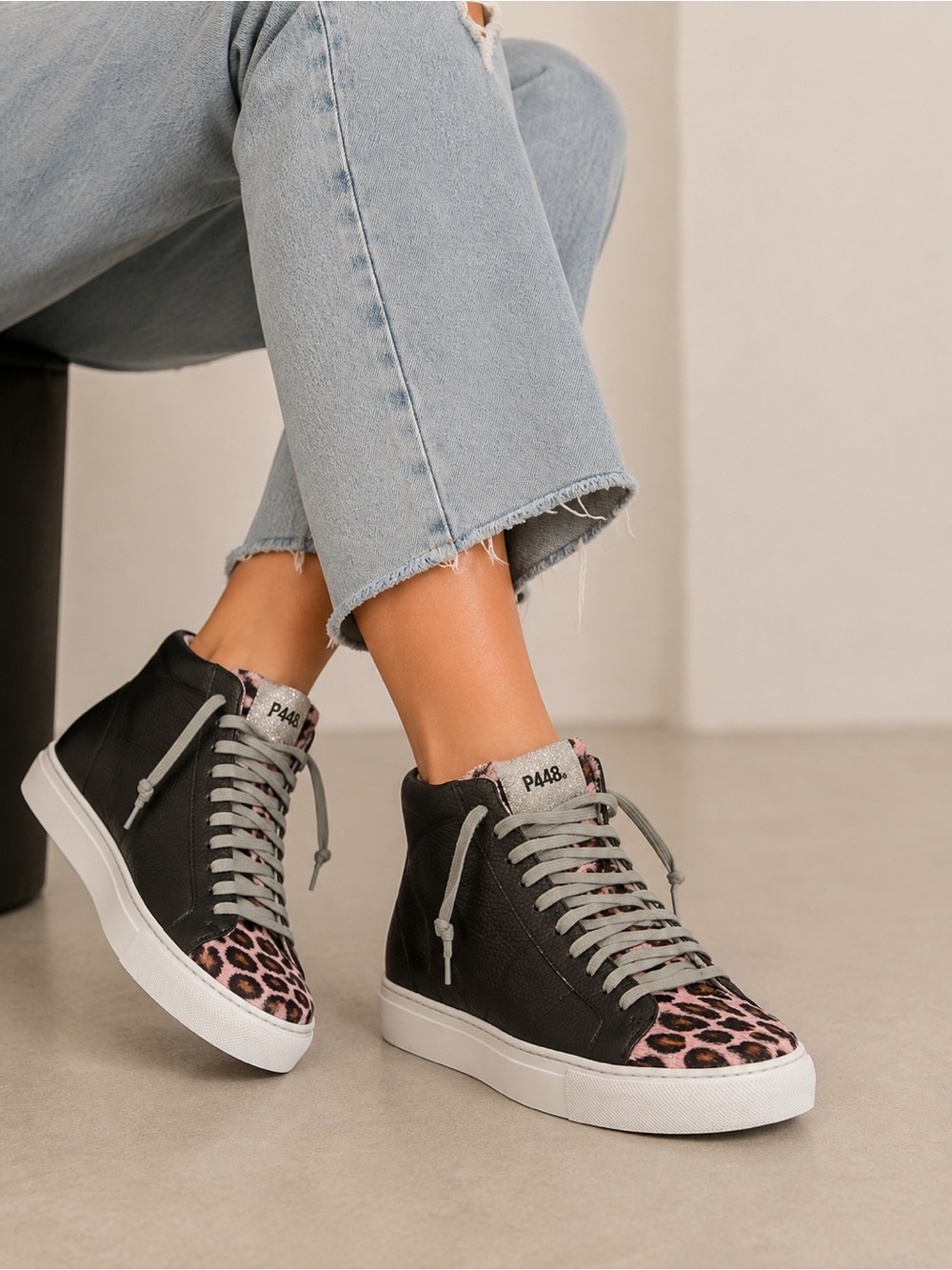 P448 STAR LEATHER HIGH TOP SNEAKER in Pleo Black Leather